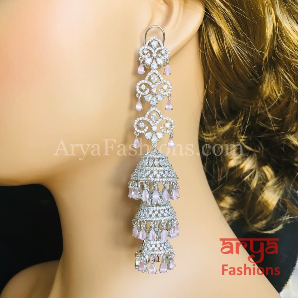 Long Rose Gold Triple Jhumka Earrings / Silver CZ Designer Cocktail