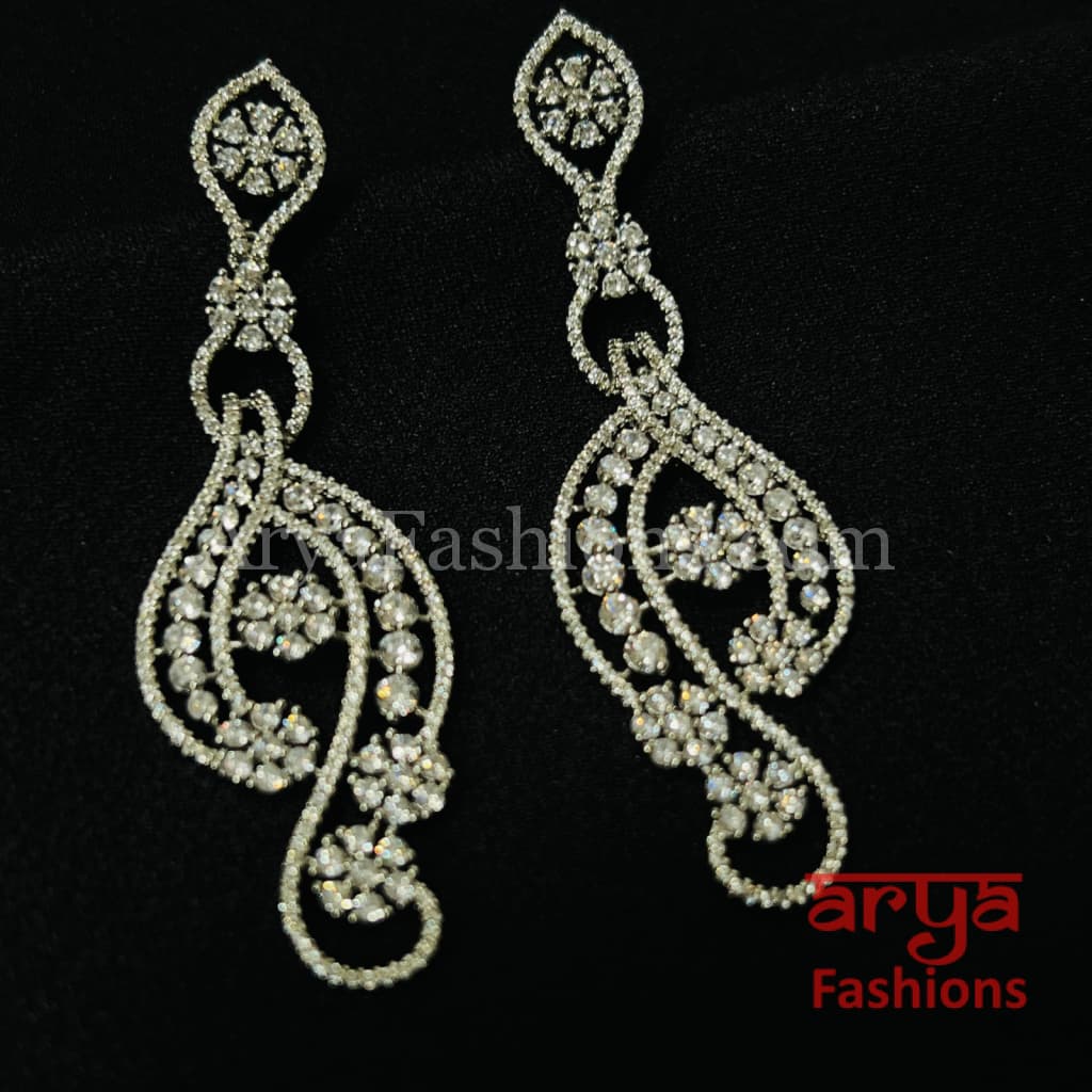 Long Silver CZ Earrings / Designer Cubic Zirconia earrings/