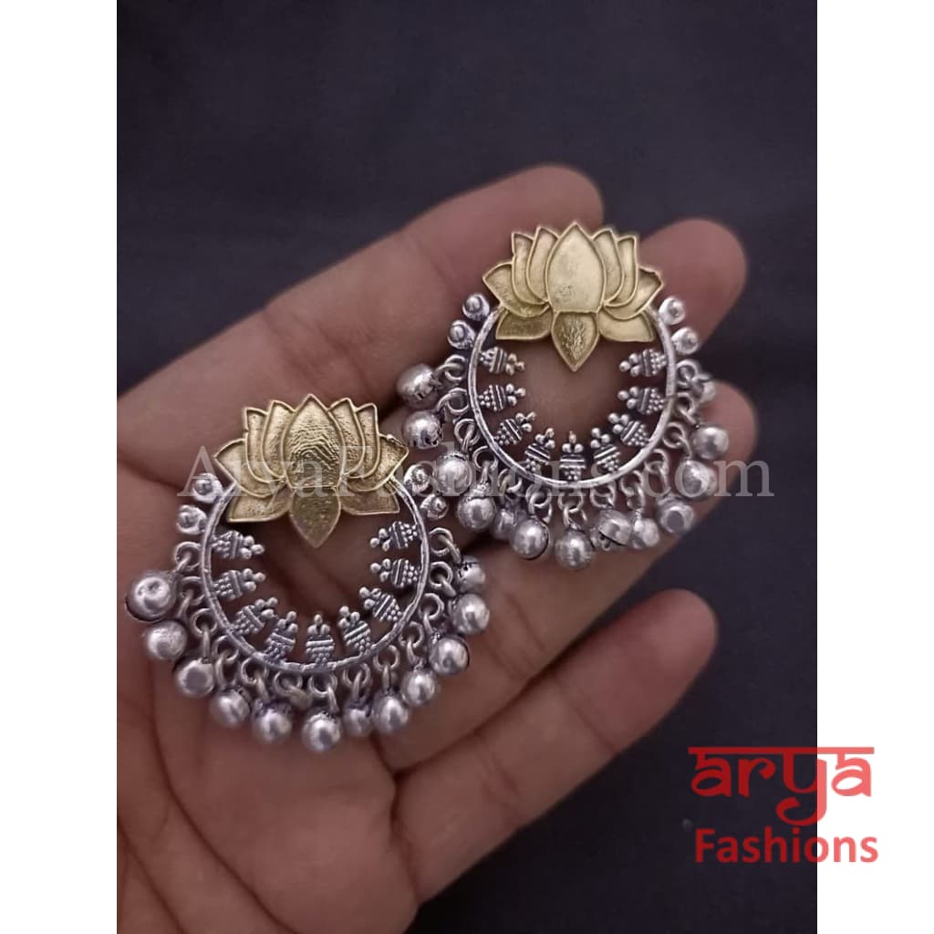 Lotus Flower Dual Tone Golden Oxidized Chandbali Earrings