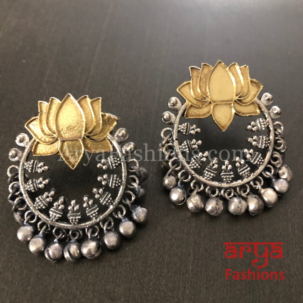 Lotus Flower Dual Tone Golden Oxidized Chandbali Earrings