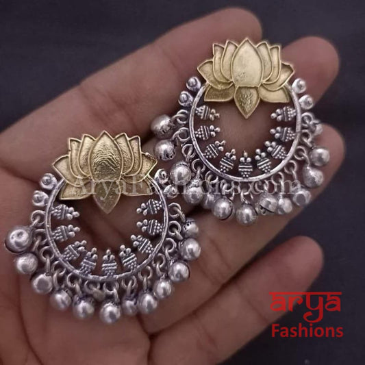 Lotus Flower Dual Tone Golden Oxidized Chandbali Earrings