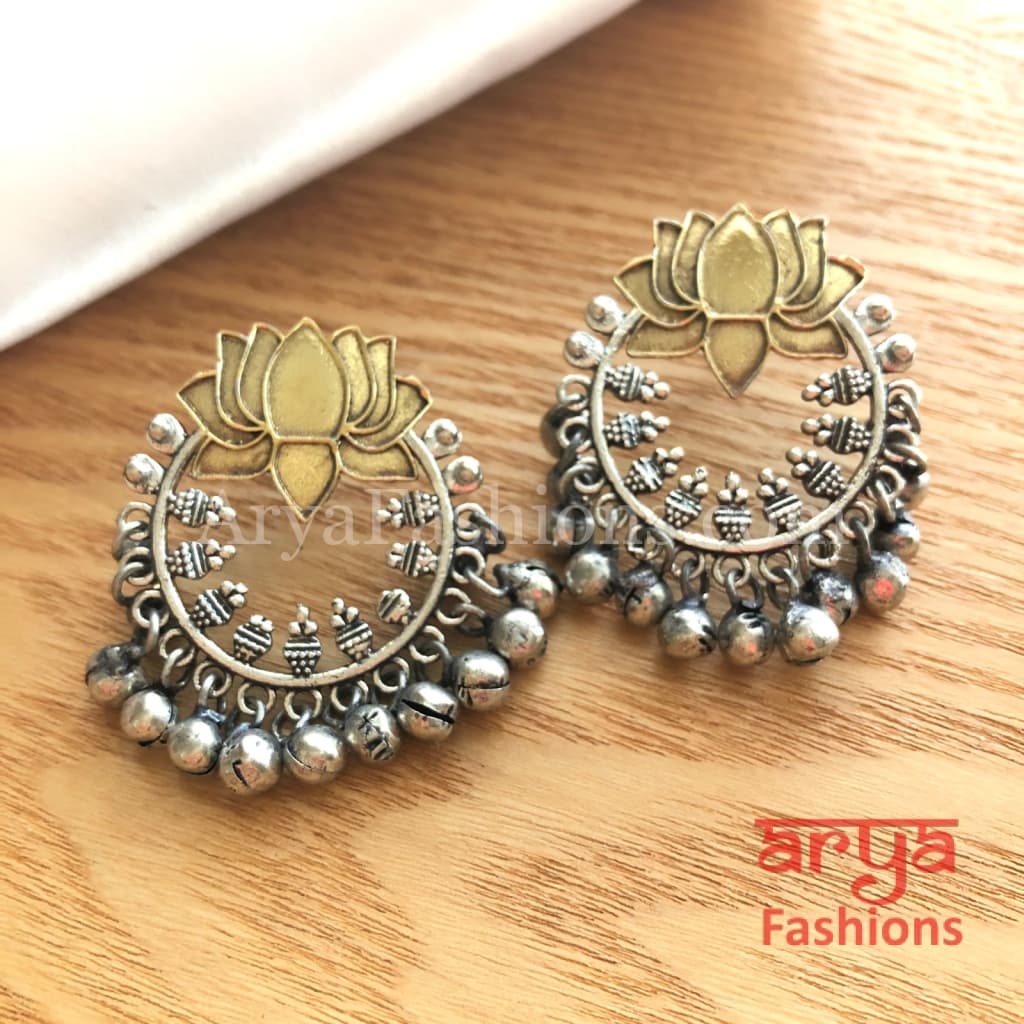 Lotus Flower Dual Tone Golden Oxidized Chandbali Earrings