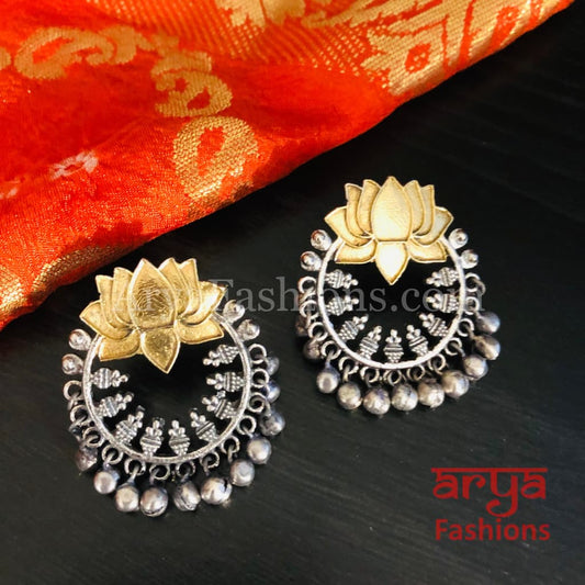 Lotus Flower Dual Tone Golden Oxidized Chandbali Earrings