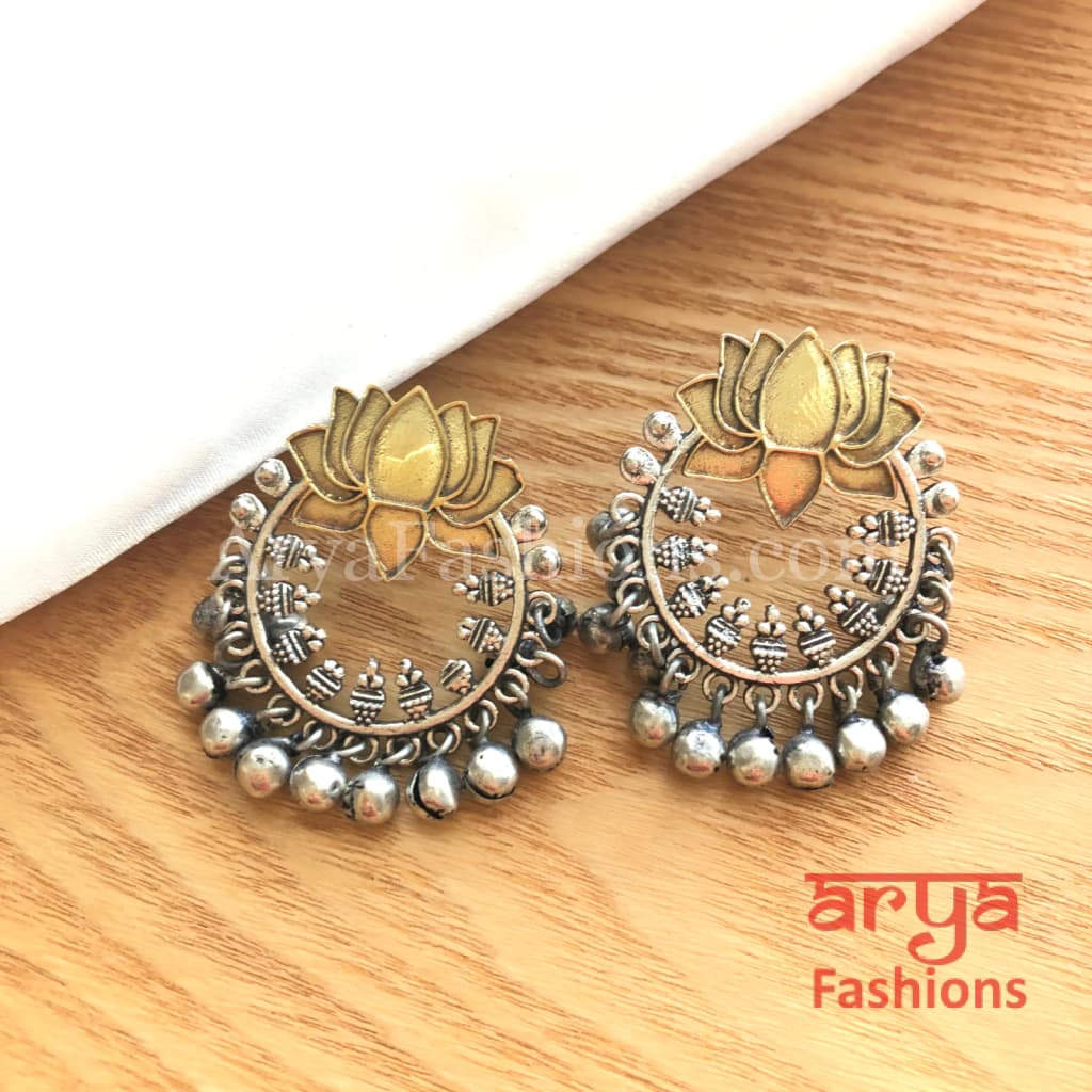 Lotus Flower Dual Tone Golden Oxidized Chandbali Earrings