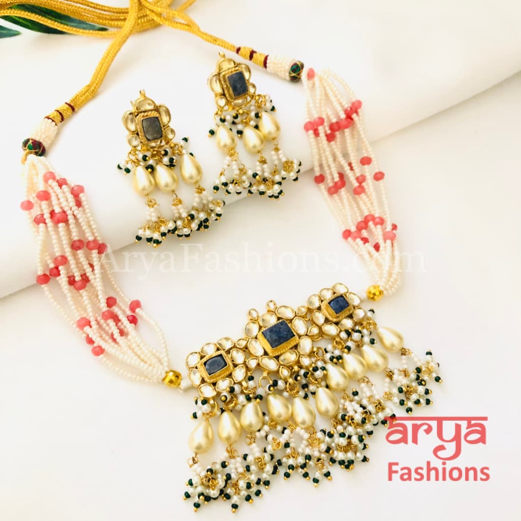Madhuri Blue Pacchi Kundan Multistrand Pearl Necklace