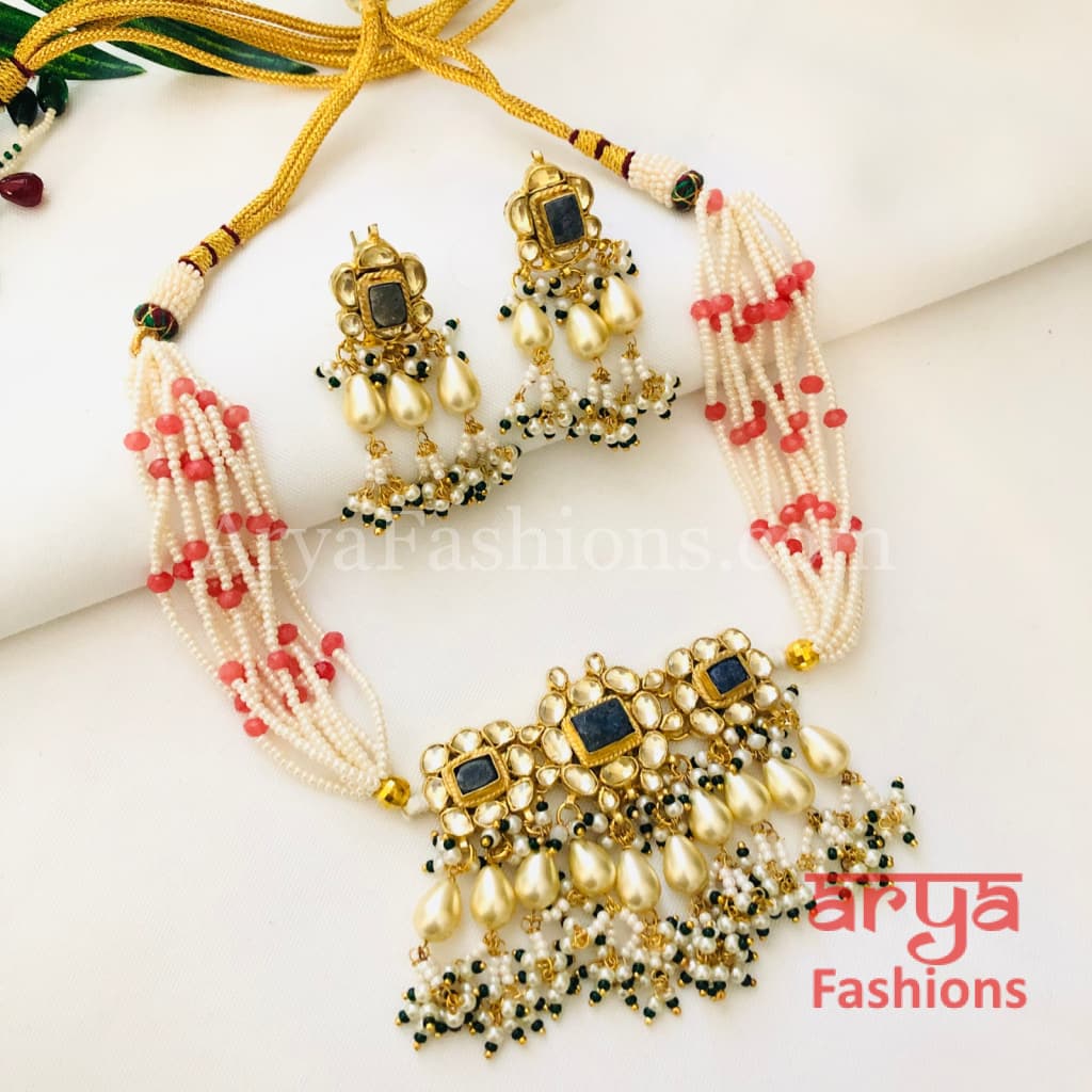 Madhuri Blue Pacchi Kundan Multistrand Pearl Necklace