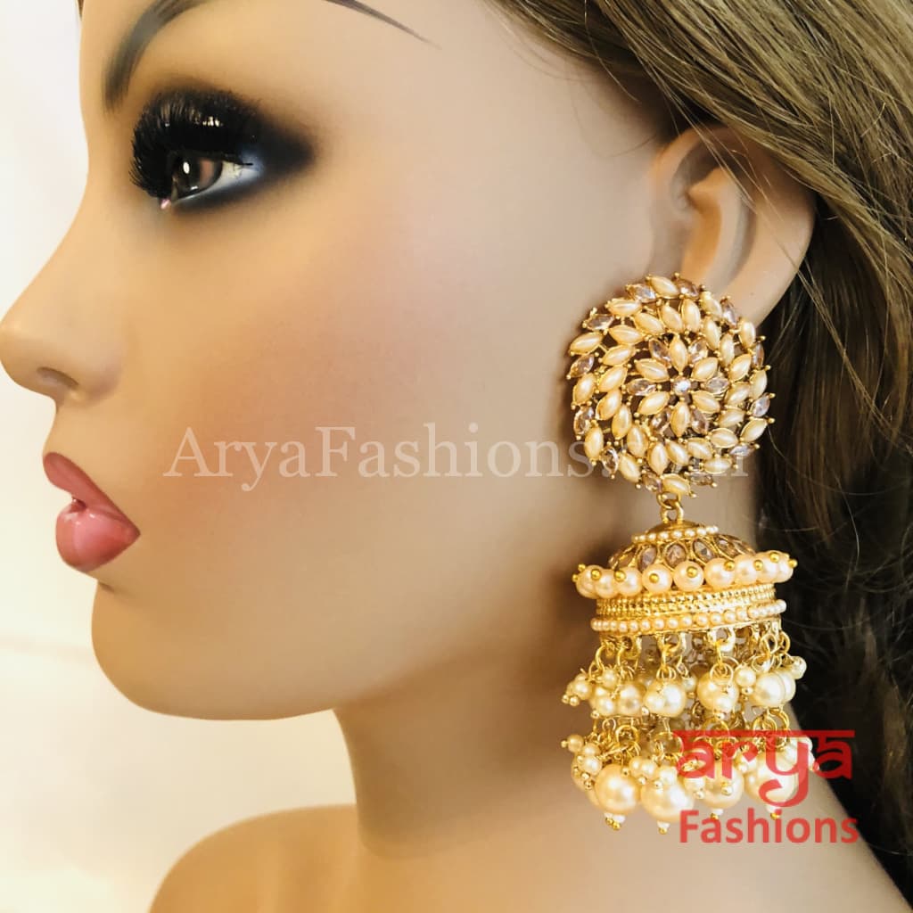 Mahi Golden Meenakari Long Jhumka Earrings with Pearl beads