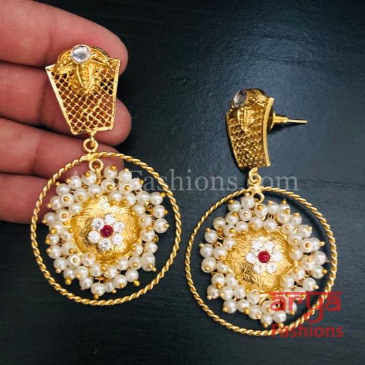 Mahi Matte Gold Designer Chandbali Pearl Earrings