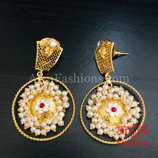 Mahi Matte Gold Designer Chandbali Pearl Earrings