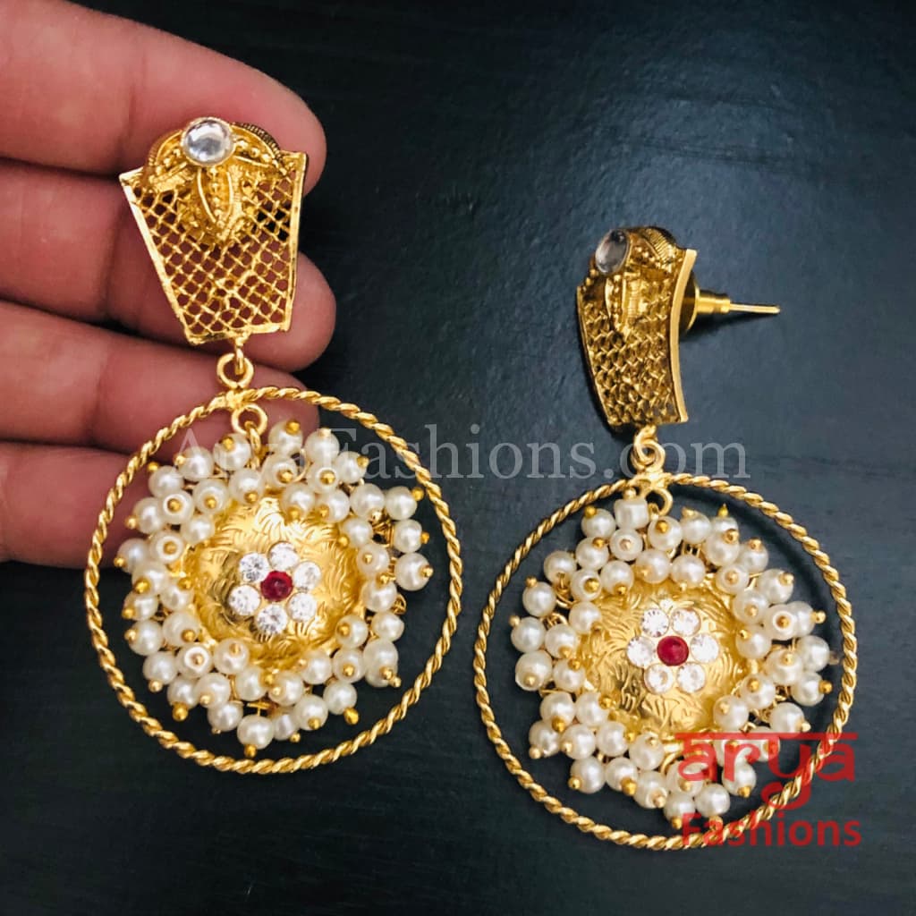 Mahi Matte Gold Designer Chandbali Pearl Earrings