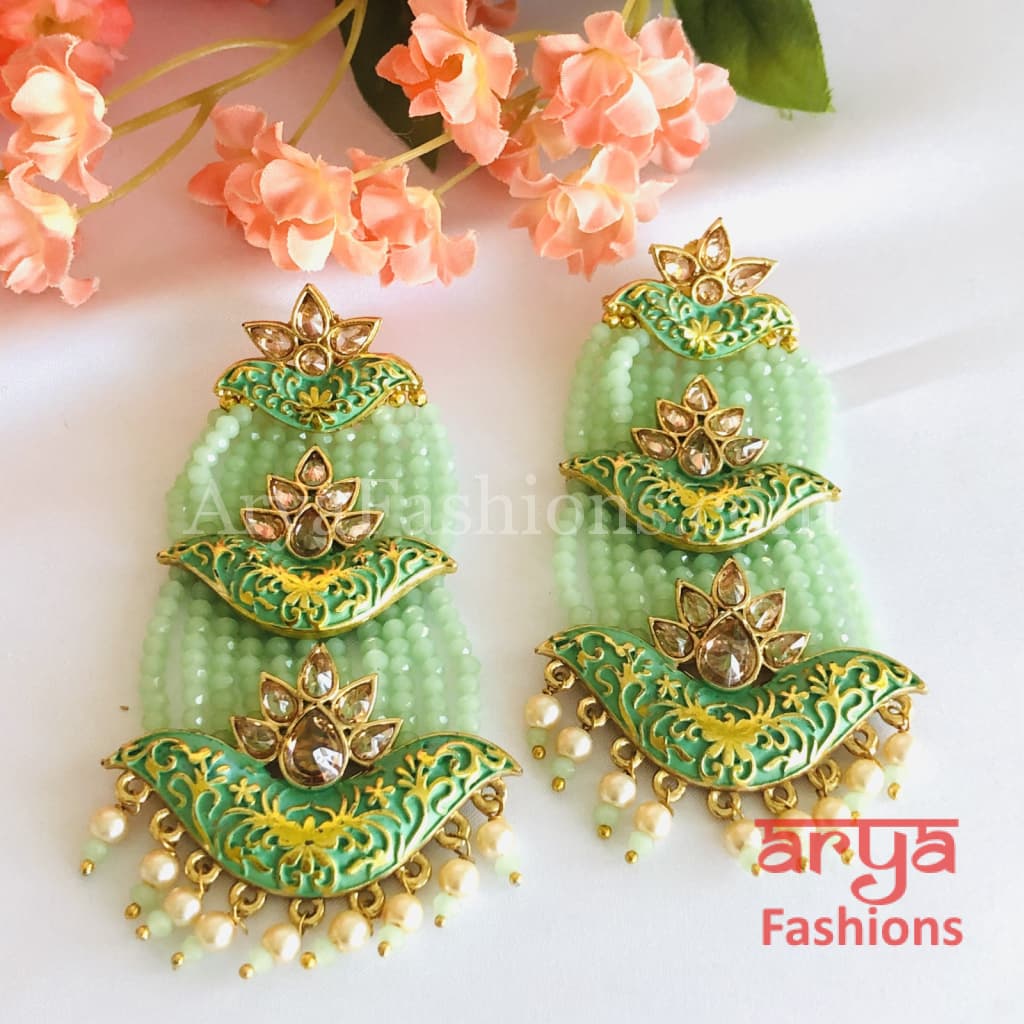 Mahi Meenakari Kundan Beads Chandbali in Green Blue Red and Light