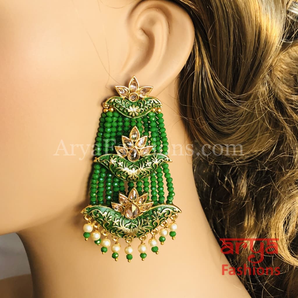 Mahi Meenakari Kundan Beads Chandbali in Green Blue Red and Light