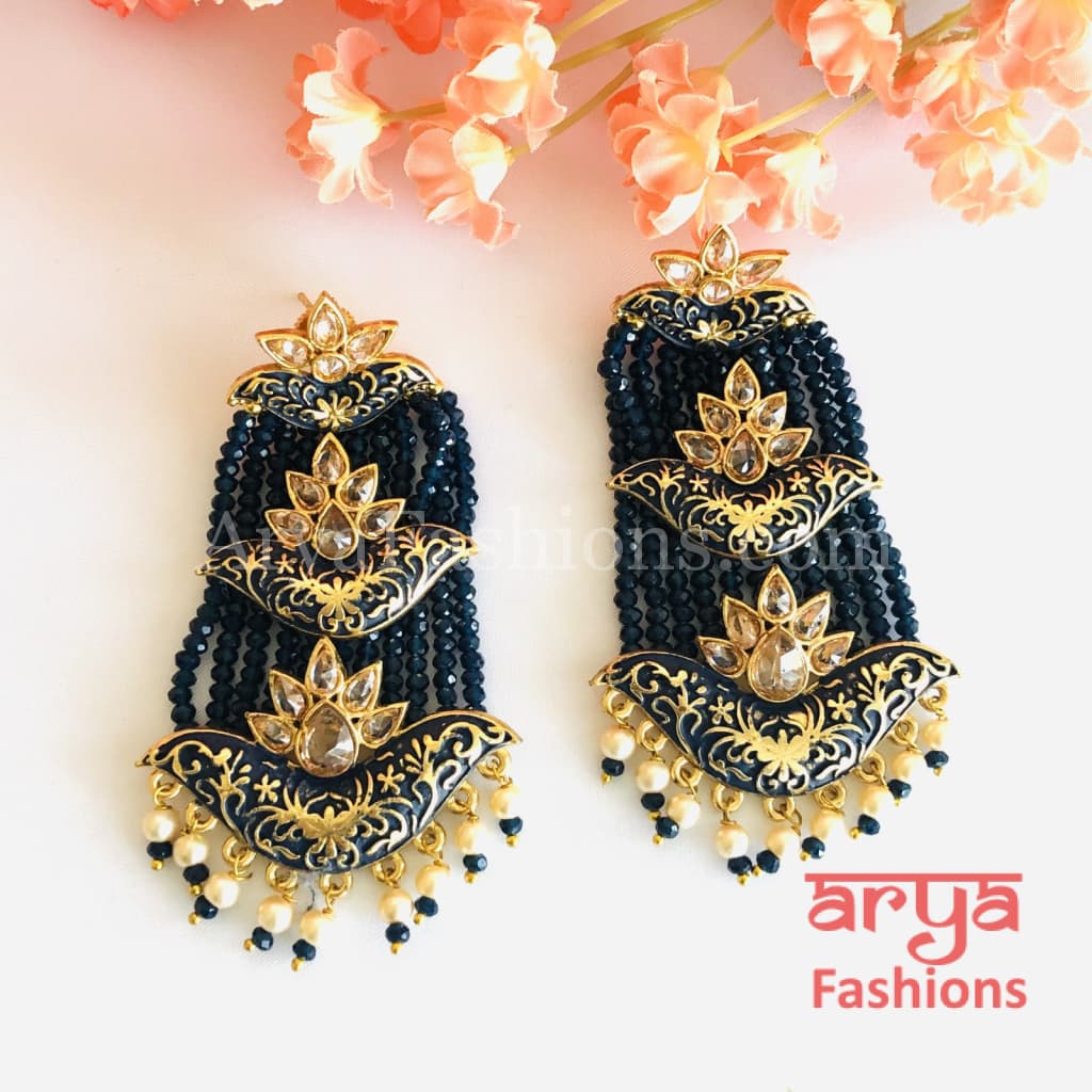 Mahi Meenakari Kundan Beads Chandbali in Green Blue Red and Light