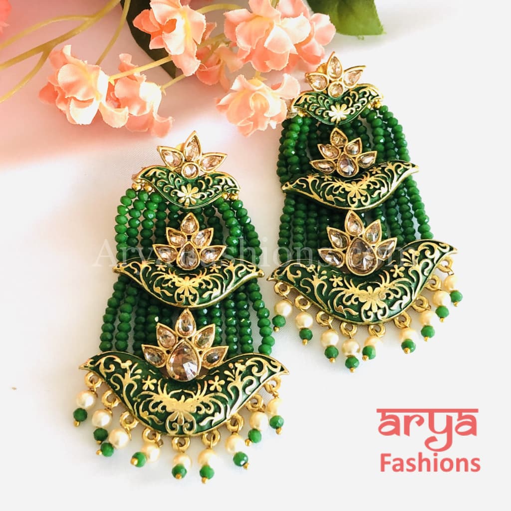 Mahi Meenakari Kundan Beads Chandbali in Green Blue Red and Light