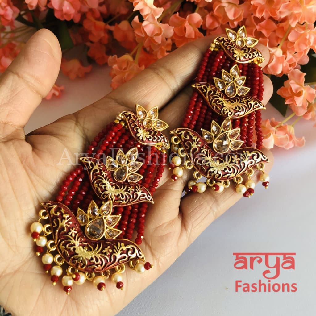 Mahi Meenakari Kundan Beads Chandbali in Green Blue Red and Light