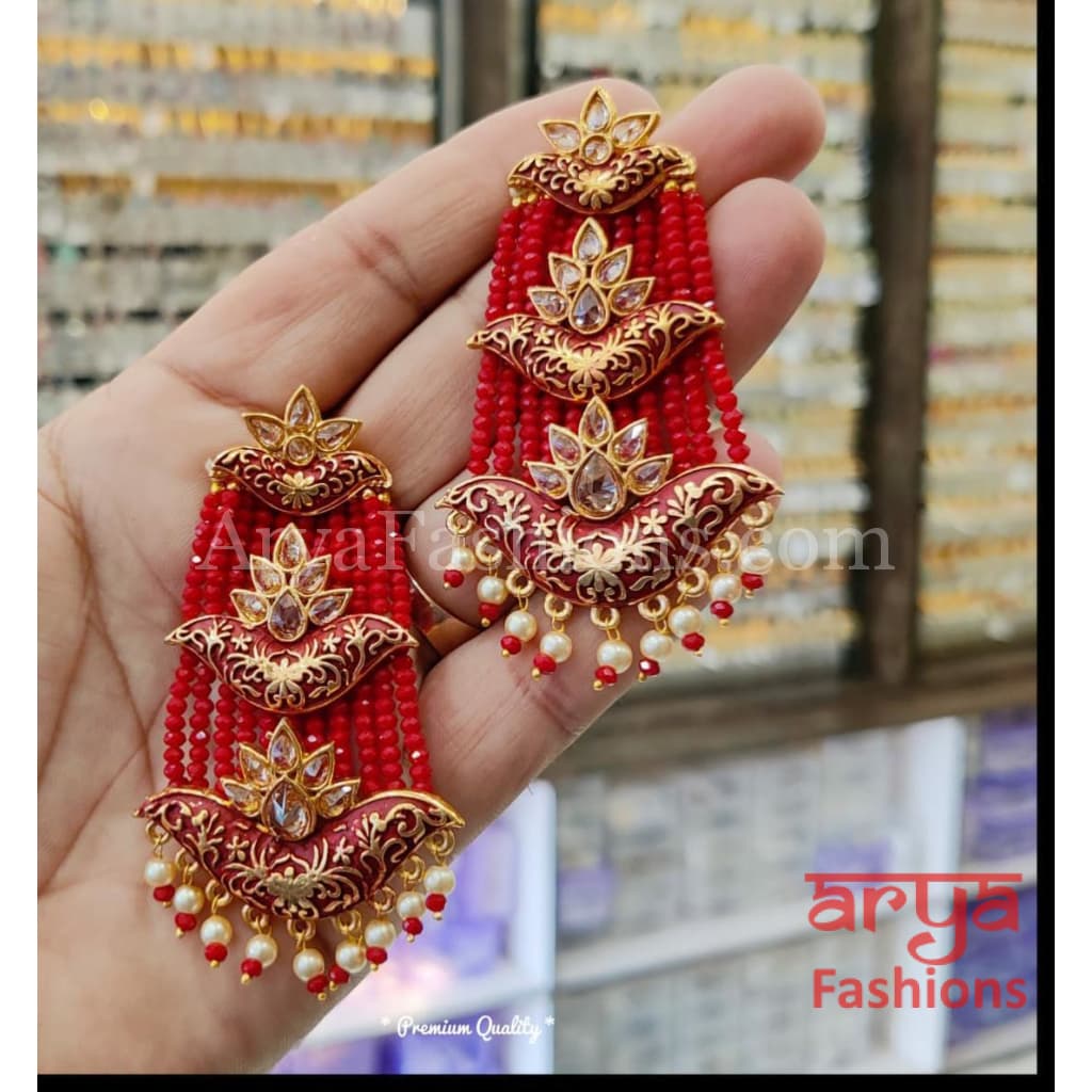 Mahi Meenakari Kundan Beads Chandbali in Green Blue Red and Light