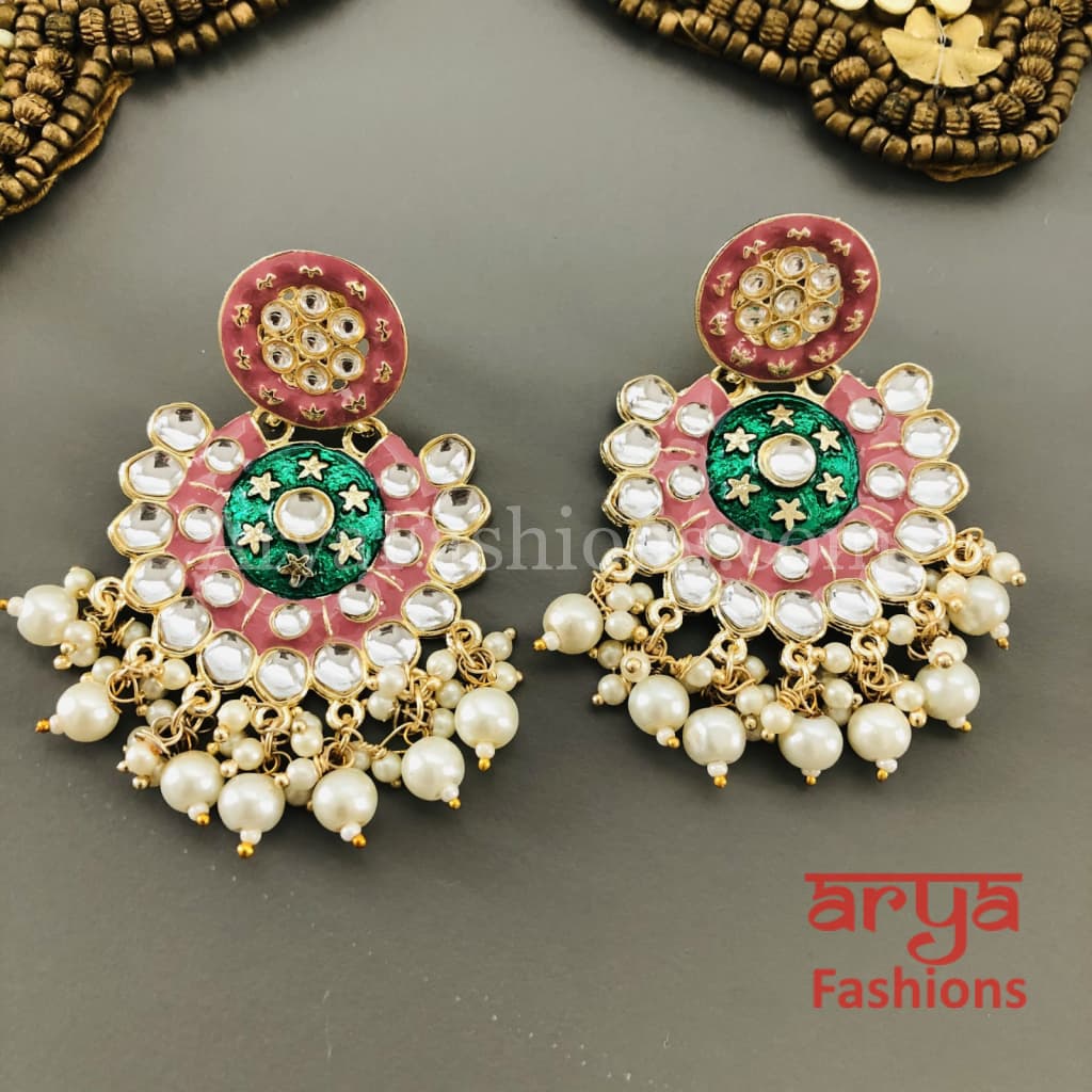 Mahi Meenakari Kundan Chandbali with Pearls