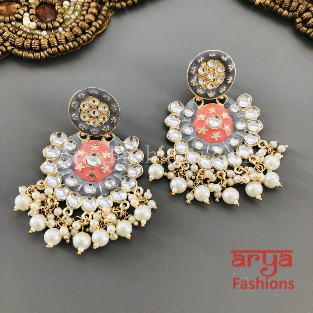 Mahi Meenakari Kundan Chandbali with Pearls