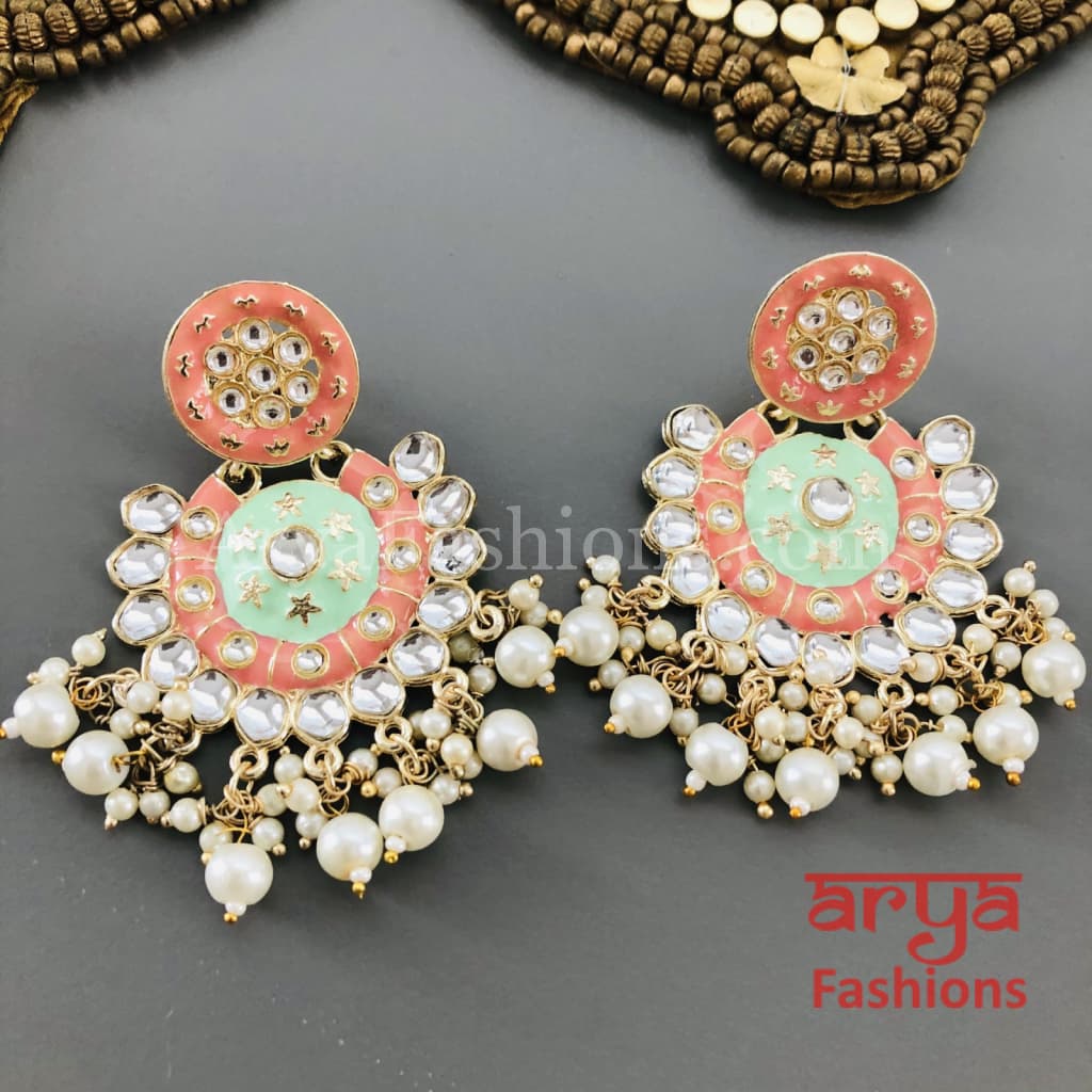 Mahi Meenakari Kundan Chandbali with Pearls