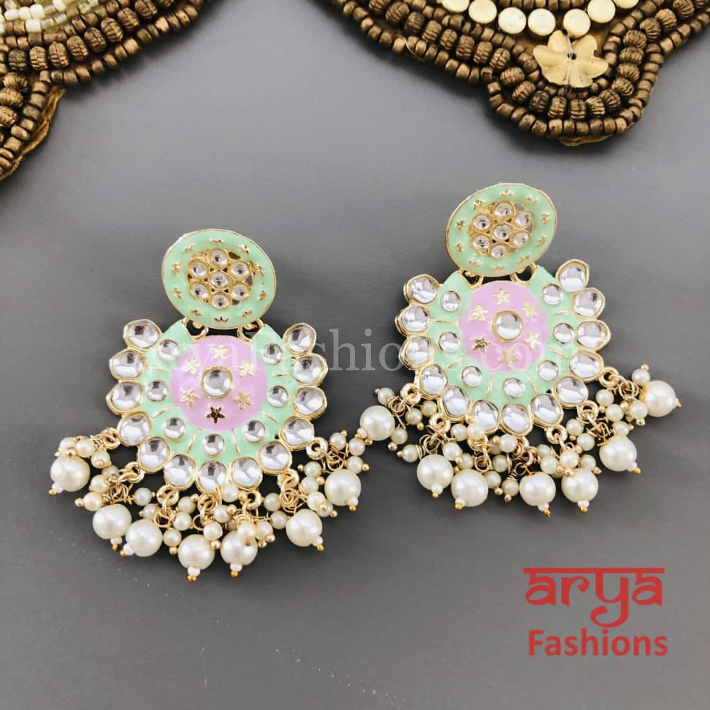 Mahi Meenakari Kundan Chandbali with Pearls