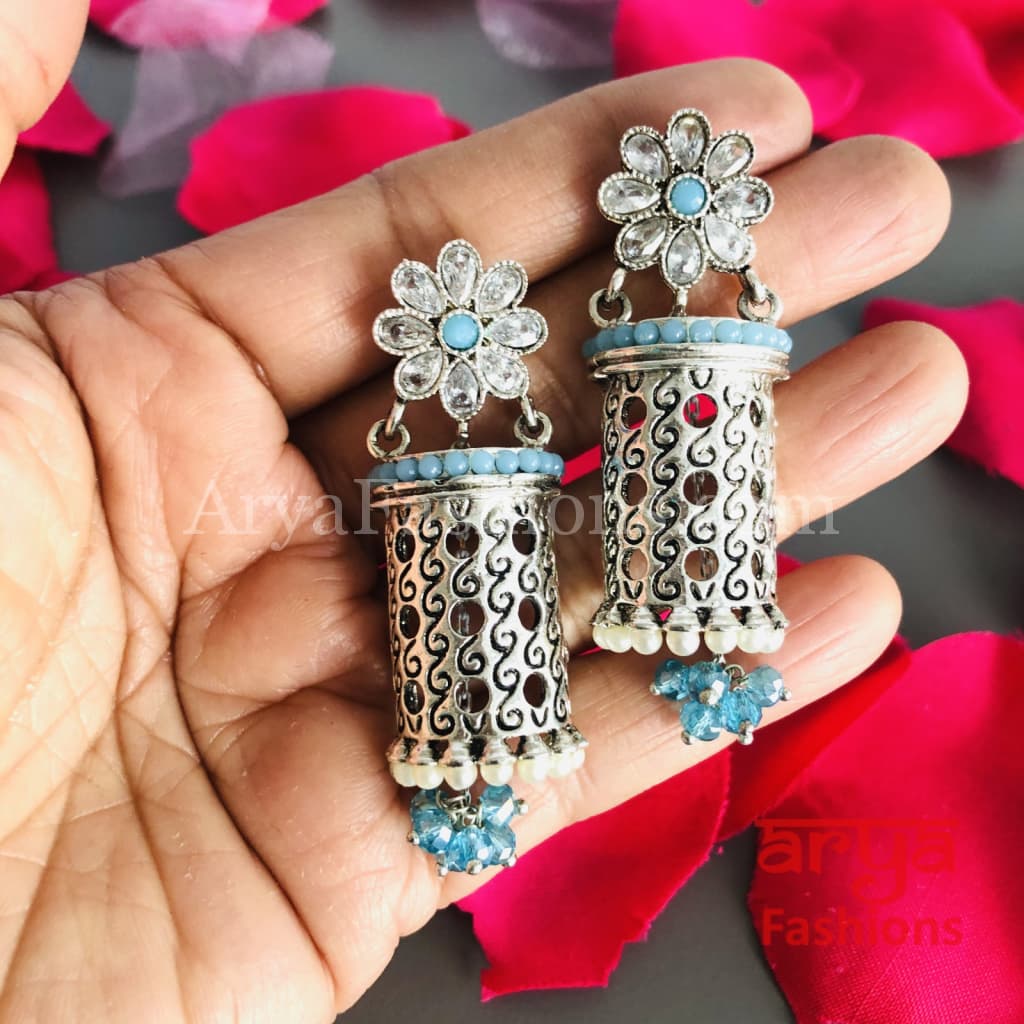 Mahi Silver Earrings with colorful beads/Oxidized Tribal