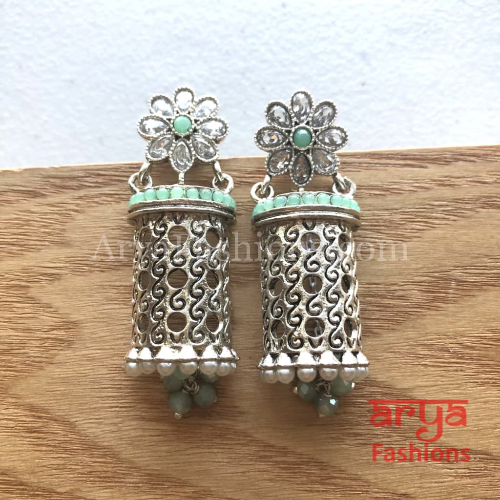 Mahi Silver Earrings with colorful beads/Oxidized Tribal