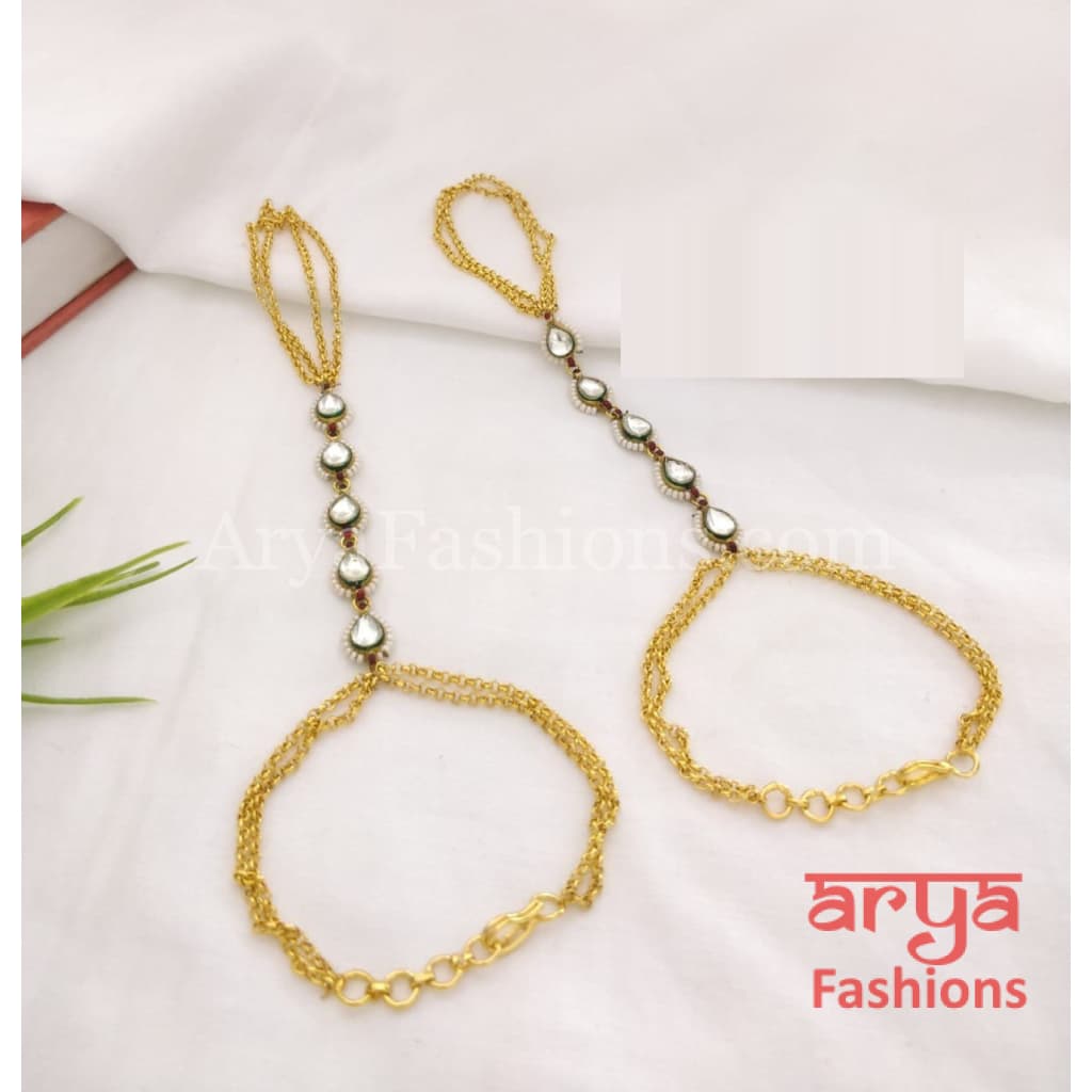 Mahira Hand Bracelet Pacchi Kundan Hathphool Pair with Pearls
