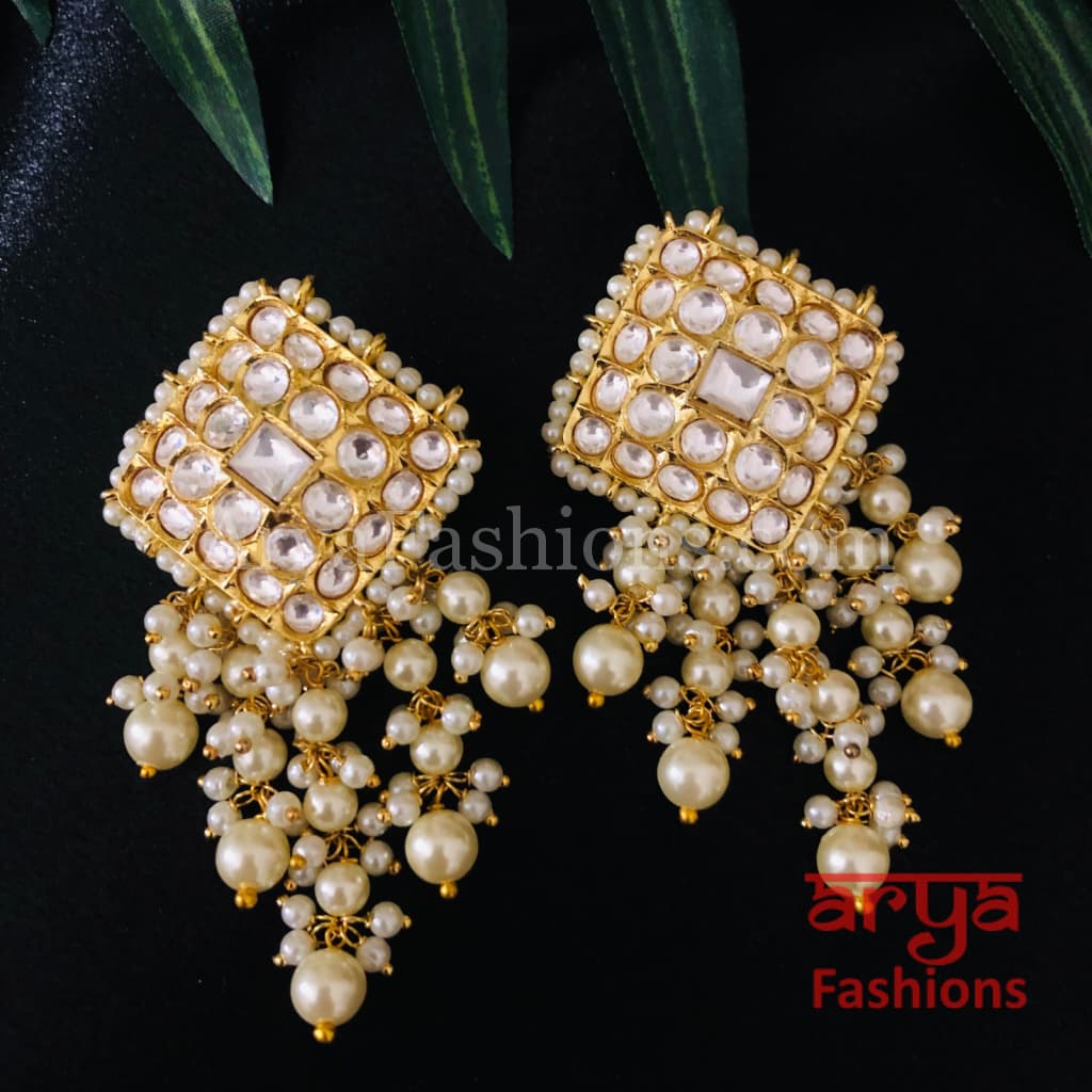 Mahira Pacchi Kundan Chandbali Earrings with Pearl Beads