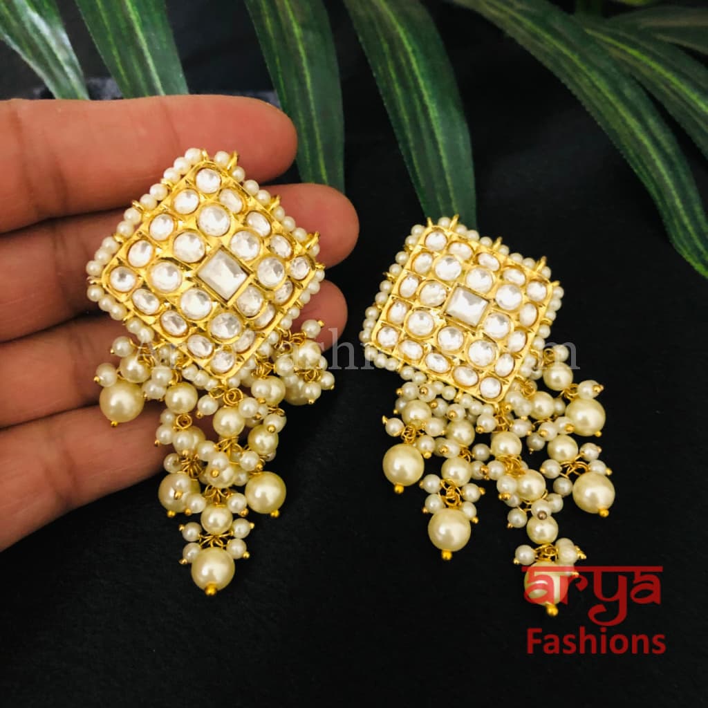 Mahira Pacchi Kundan Chandbali Earrings with Pearl Beads
