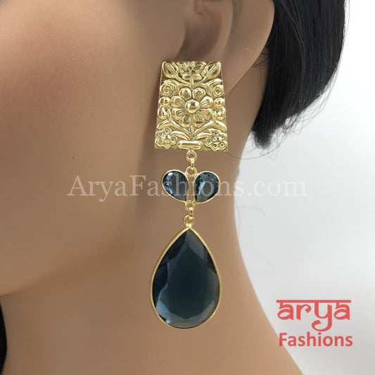 Matte Gold Blue Stone Earring