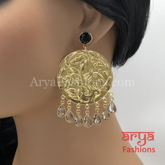 Matte Gold Handcarved Chandbali with Clear Beads