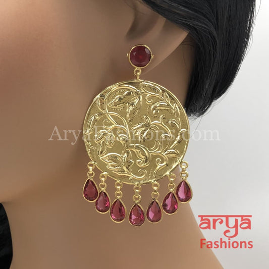 Matte Gold Handcarved Chandbali with Pink Beads