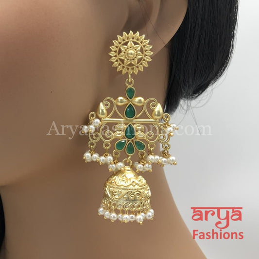 Matte Gold Long Traditional Green Jhumka