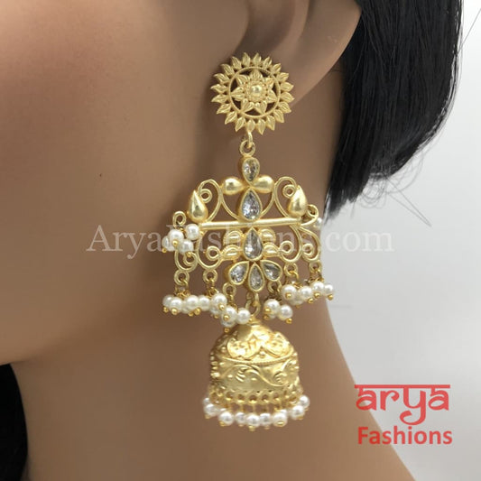 Matte Gold Long Traditional Pearl Jhumka