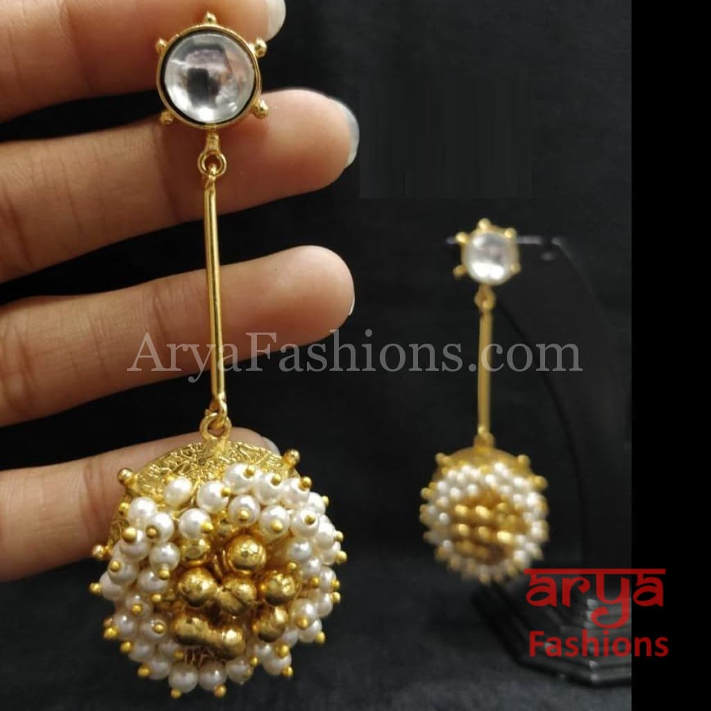 Matte Gold Pearl and Ghungroo beads Contemporary Long Party Earrings