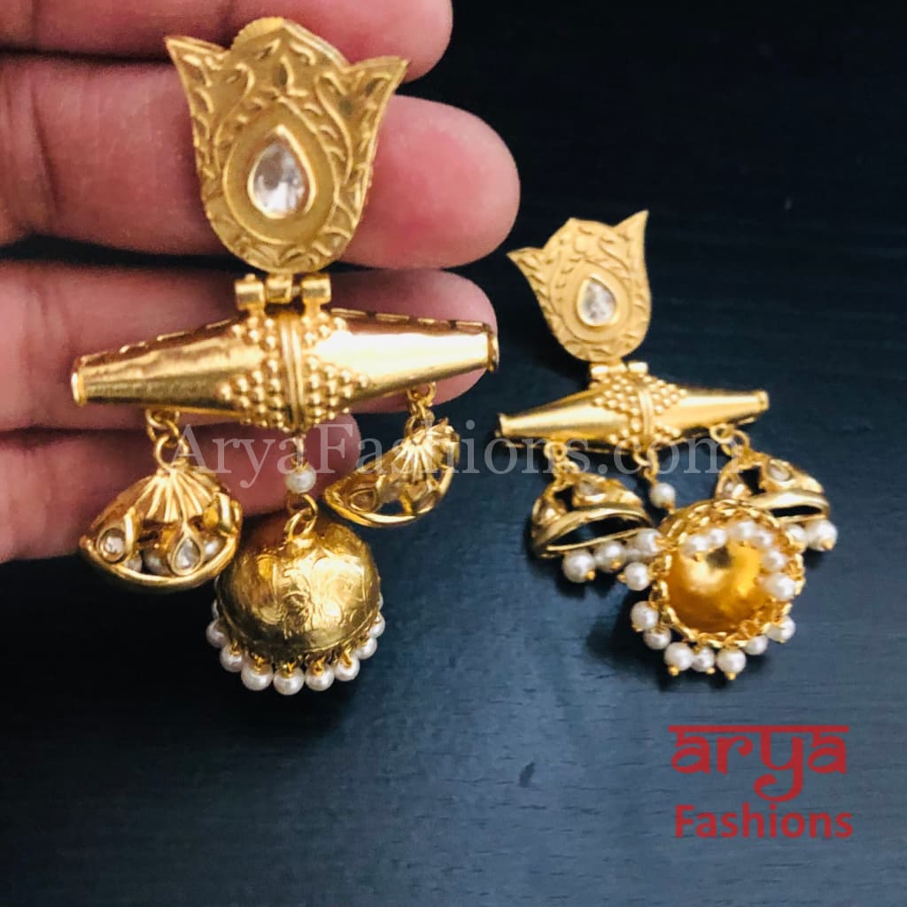 Matte Gold Pearl Jhumka Chandbali/ Golden Indo-Western Ethnic Earrings