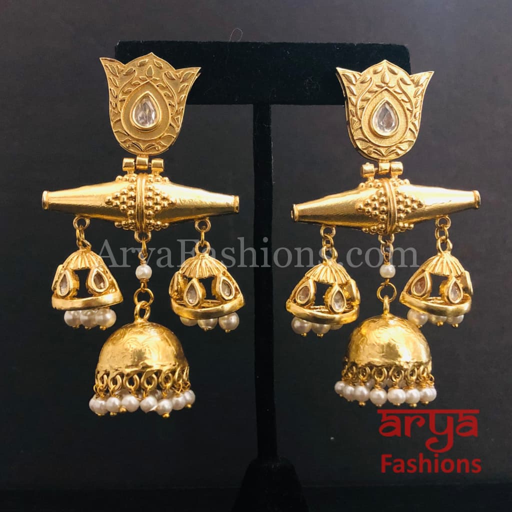Matte Gold Pearl Jhumka Chandbali/ Golden Indo-Western Ethnic Earrings
