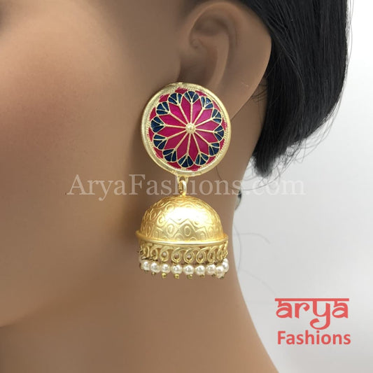 Matte Gold Tribal Jhumka with Pink Meenakari