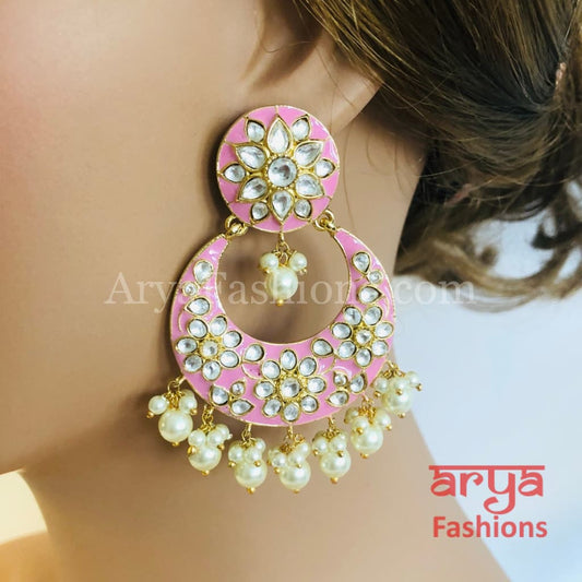 Meenakari Kundan Jadau Chandbali Earrings with Pearl beads