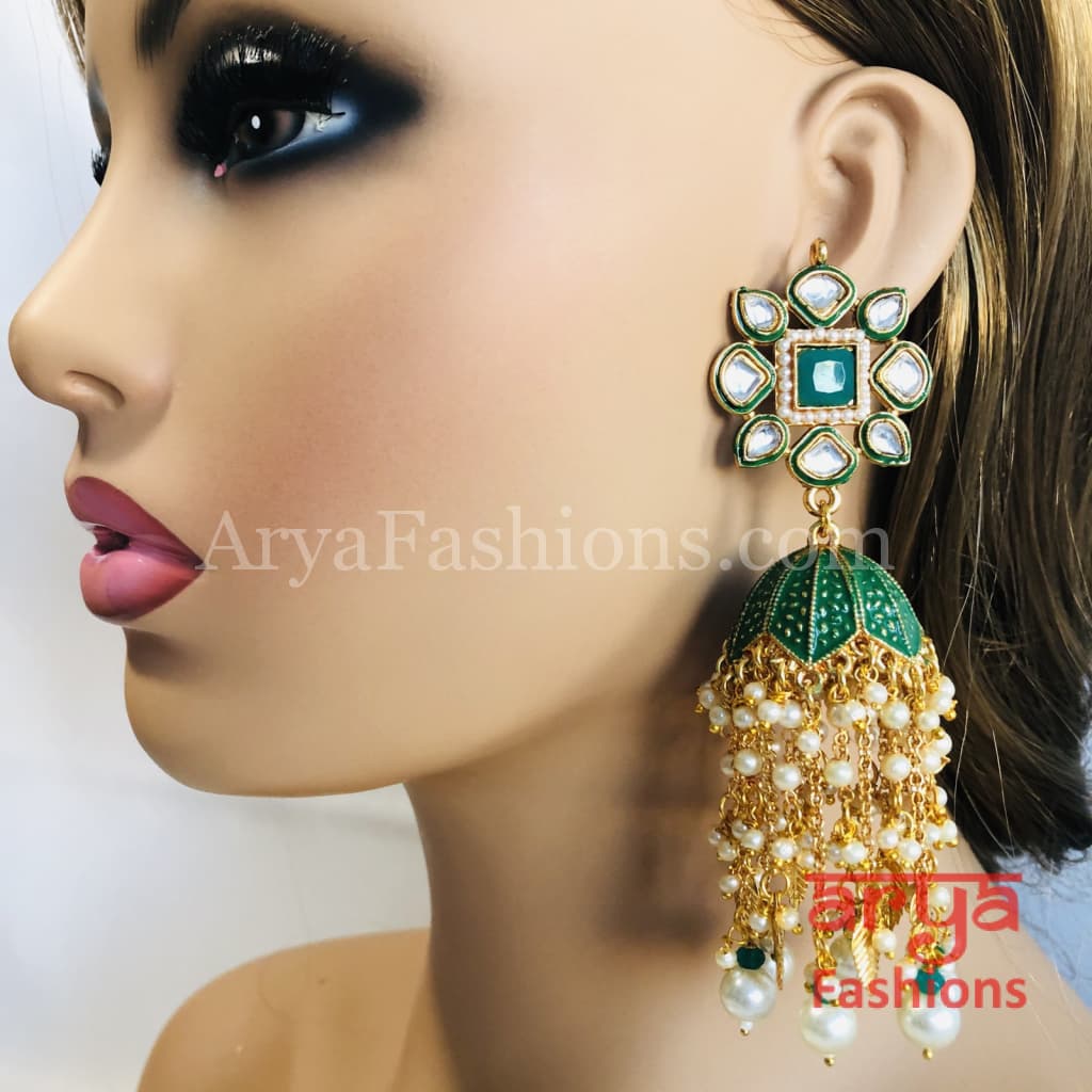 Meenakari Traditional Golden Long Jhumka Earrings