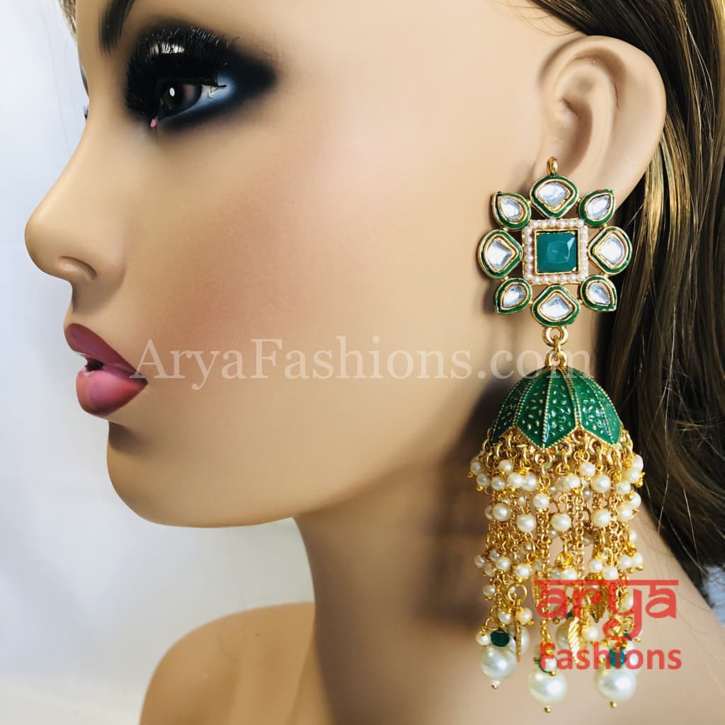 Meenakari Traditional Golden Long Jhumka Earrings