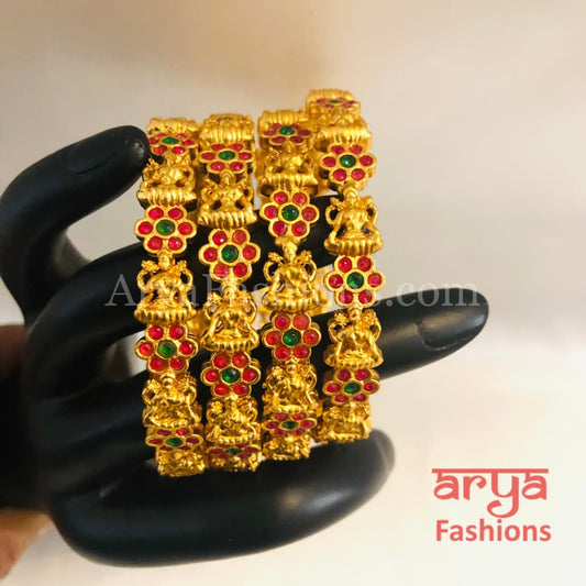 Meera Temple Jewelry Bangles / Rajwadi Jadau Kada with Pink Green stones