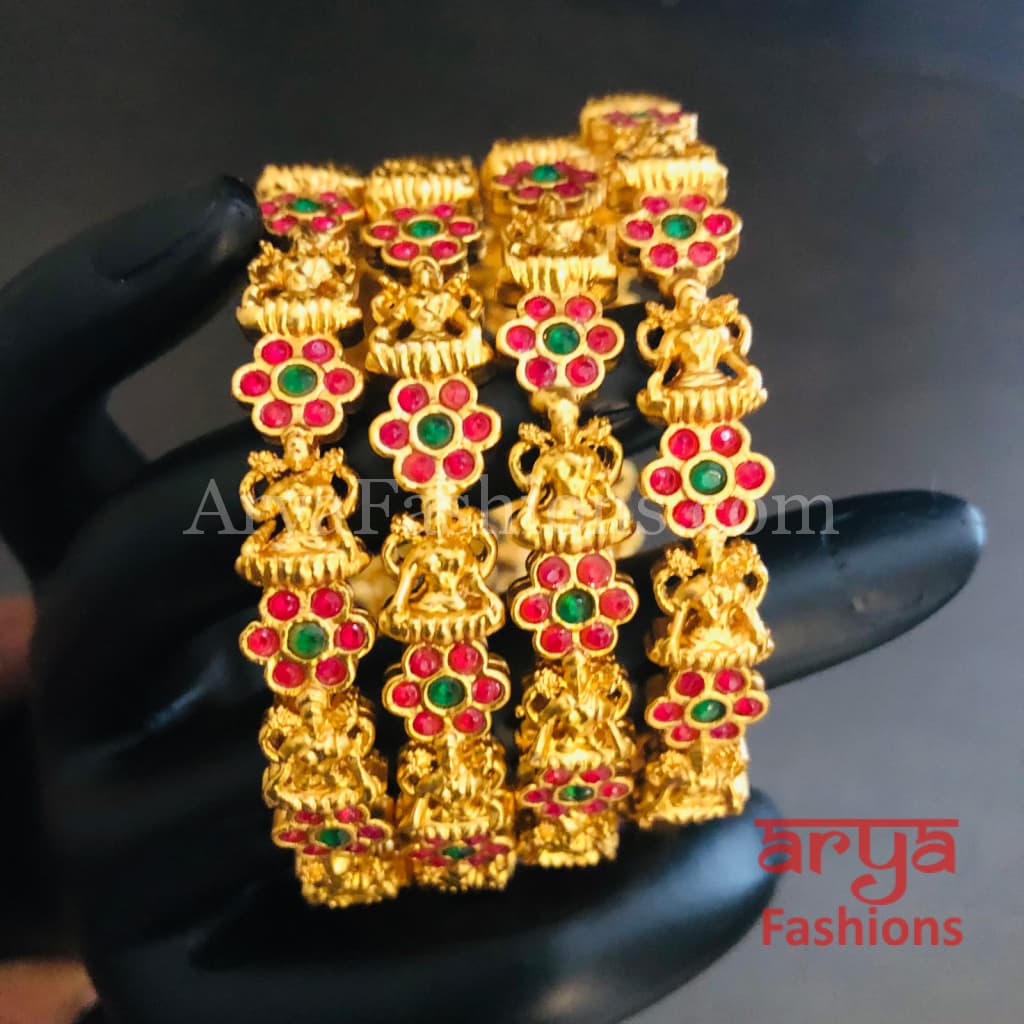 Meera Temple Jewelry Bangles / Rajwadi Jadau Kada with Pink Green stones