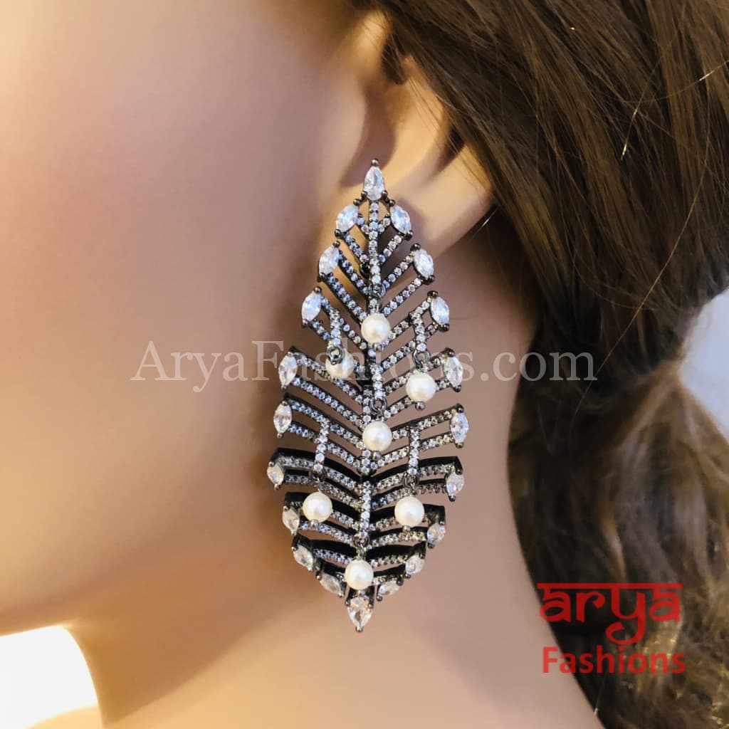 Megan Victorian Black Cubic Zirconia earrings in Leaf Theme