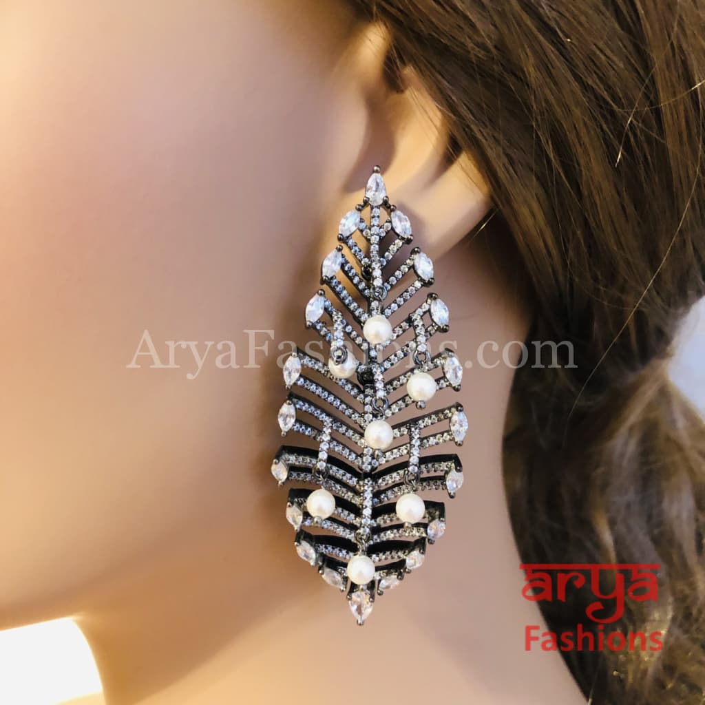 Megan Victorian Black Cubic Zirconia earrings in Leaf Theme