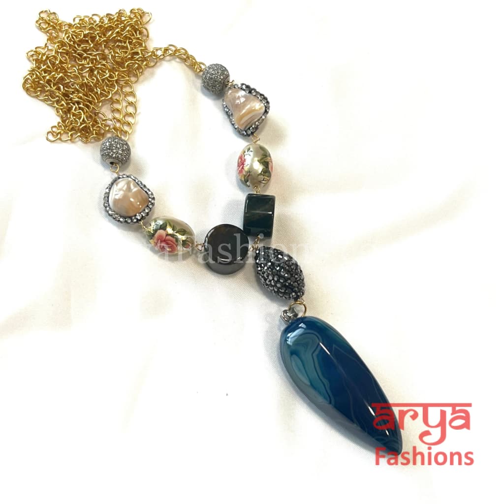 Meghan Blue Beads Baroque Pearls Indian Necklace