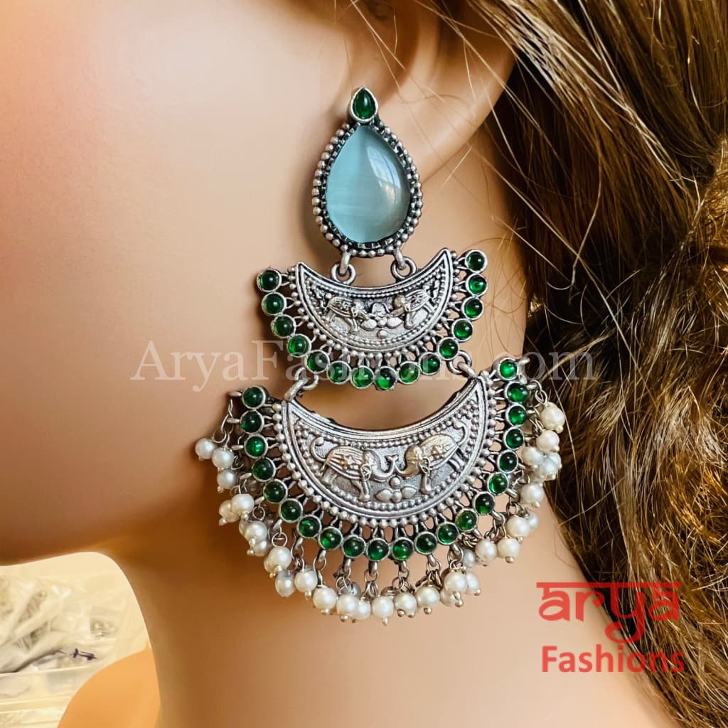 Mehza Silver Oxidized Chandbali Earrings