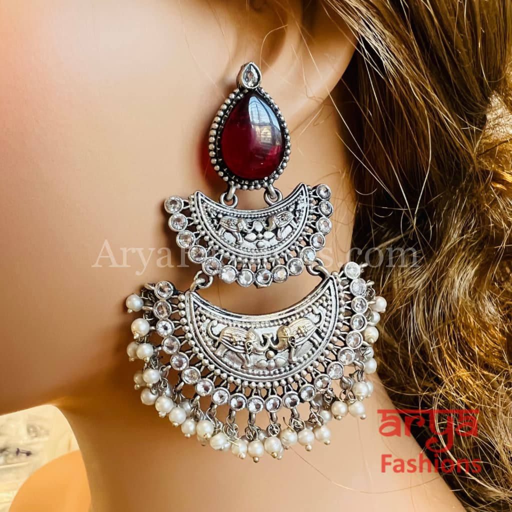 Mehza Silver Oxidized Chandbali Earrings