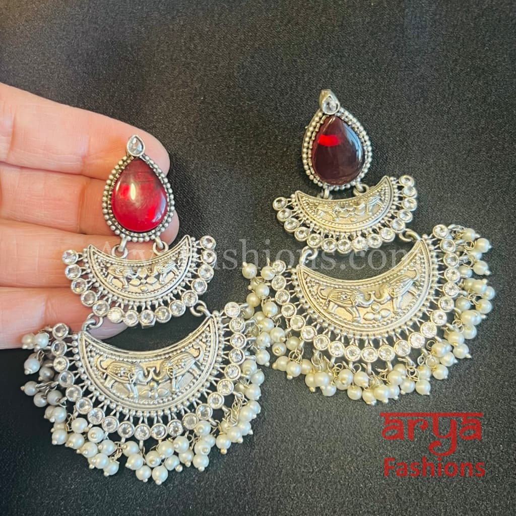 Mehza Silver Oxidized Chandbali Earrings