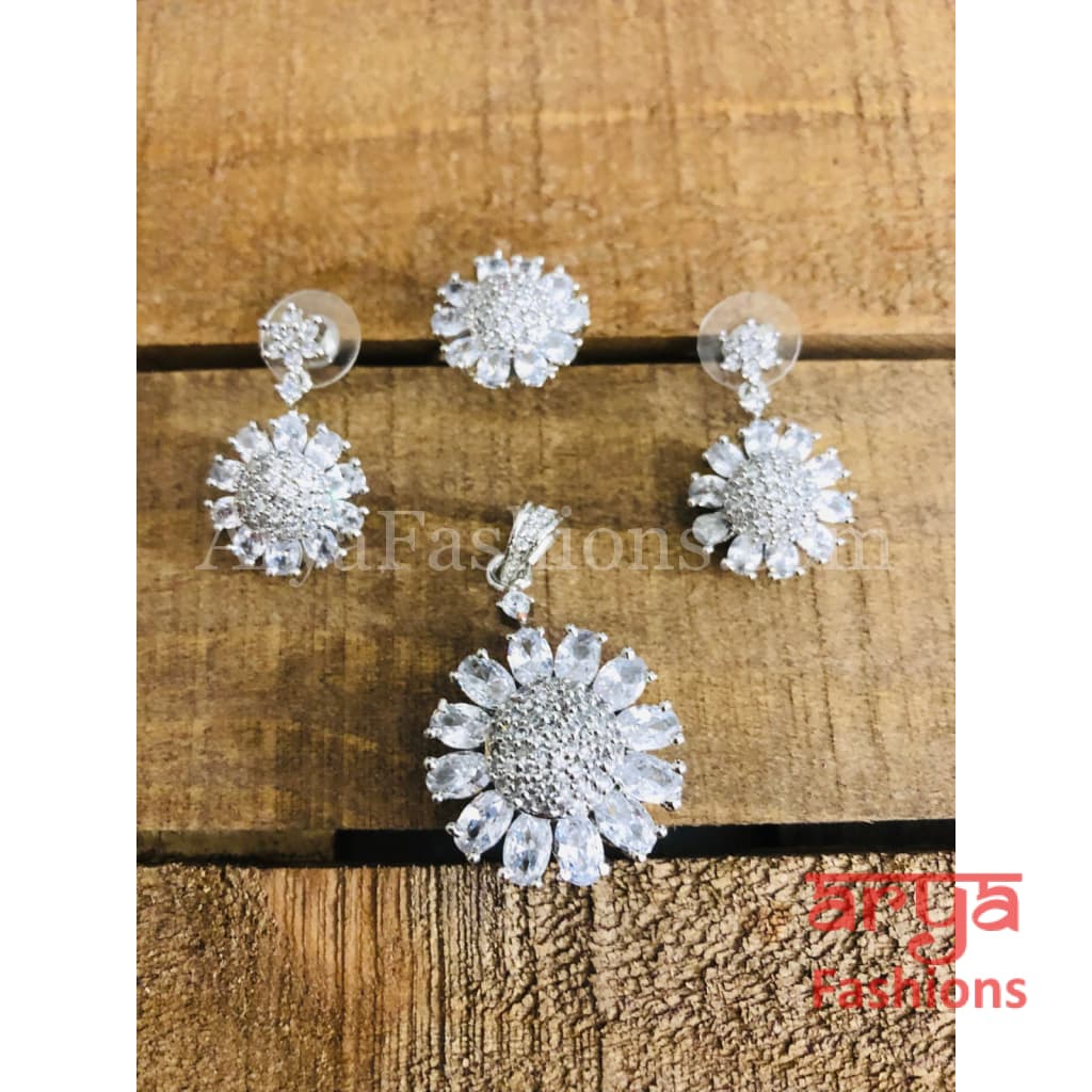 Mia Silver Cubic Zirconia Flower Pendant with Stud Earrings